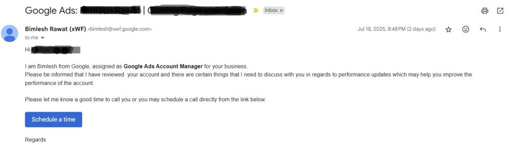 Google Ads Support message part 1